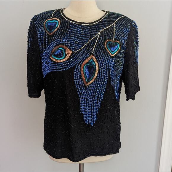 Laurence Kazar Tops - Vintage Women's Peacock 1X Elegant Black Beaded Women's Top Blouse Art to Wear